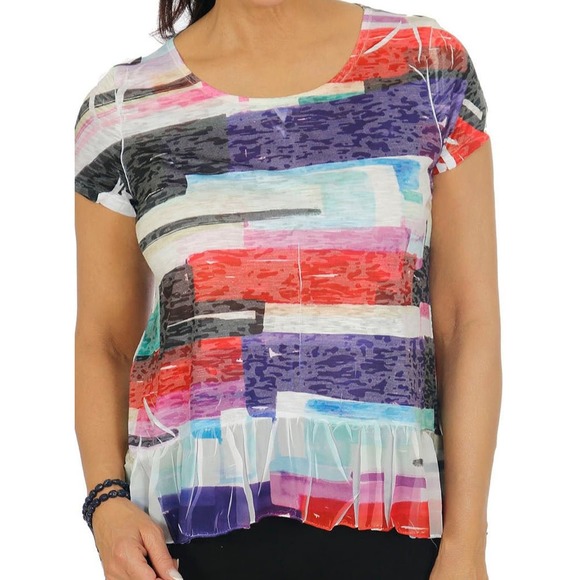 Impulse Women's Stripe Print Top Size L Abstract Dressy T-Shirt Ruffle Hem NWT - Picture 1 of 2